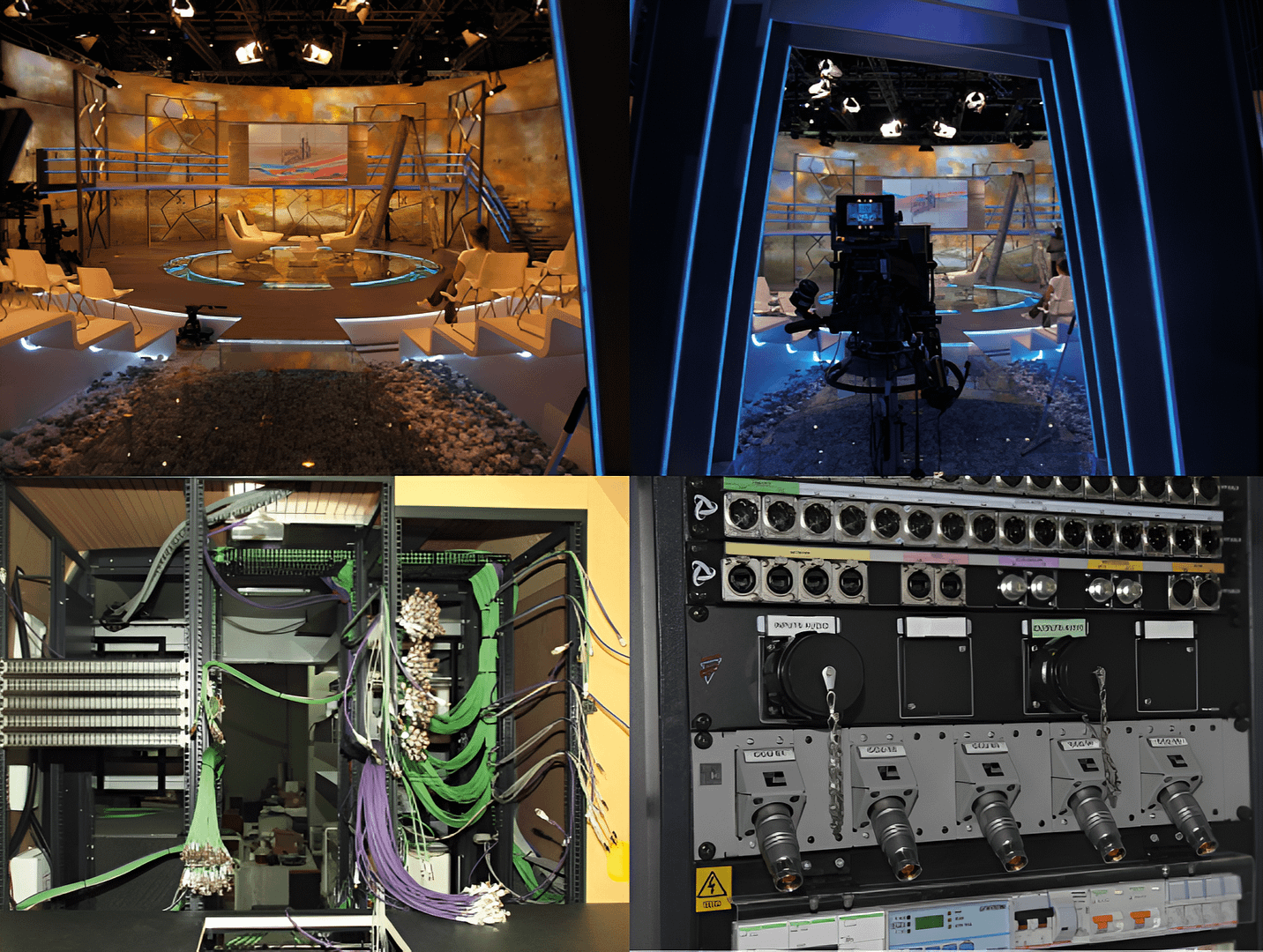 Modern stage design concept with geometric lighting and seating layout