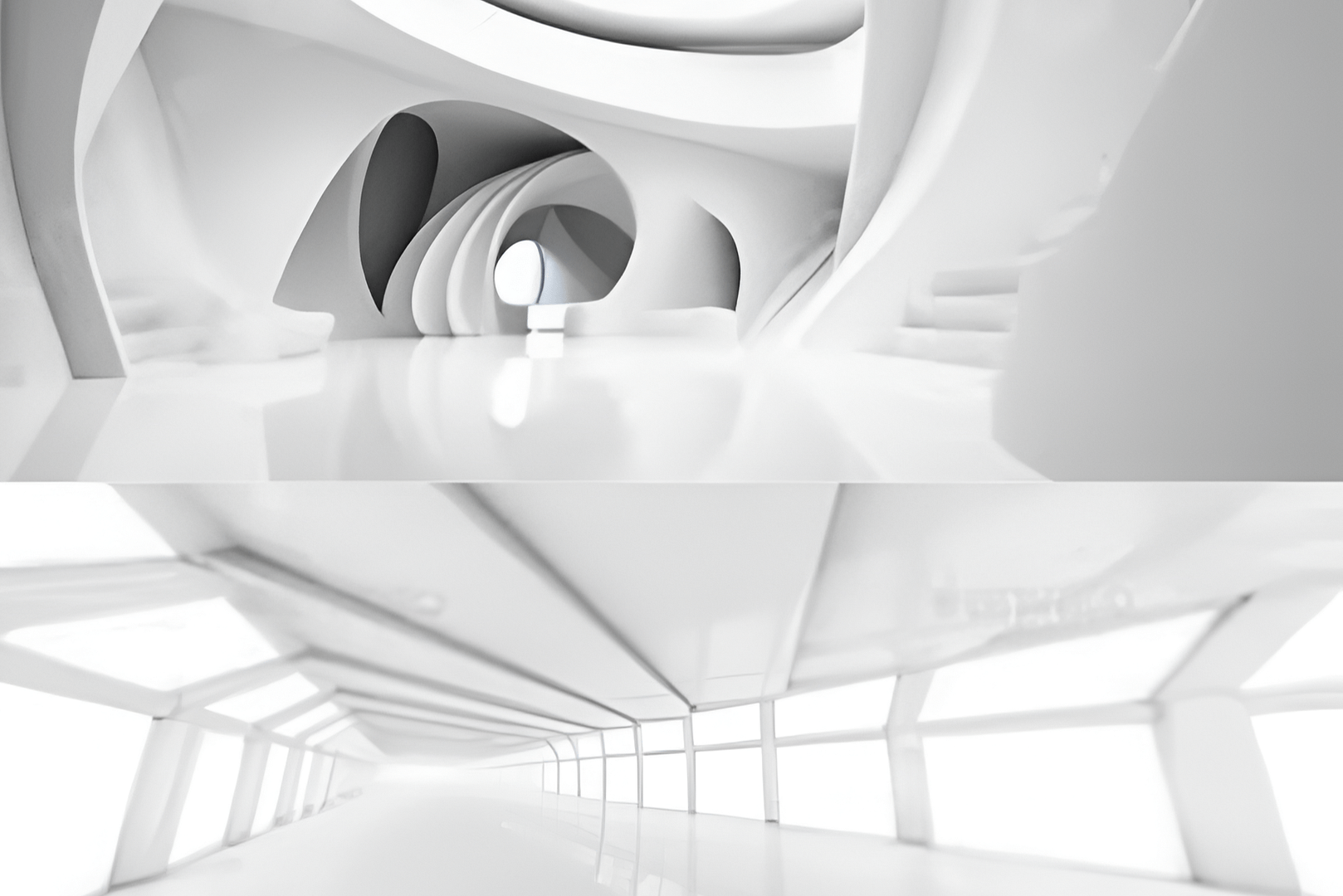 Futuristic white interior corridor and curved hallway design