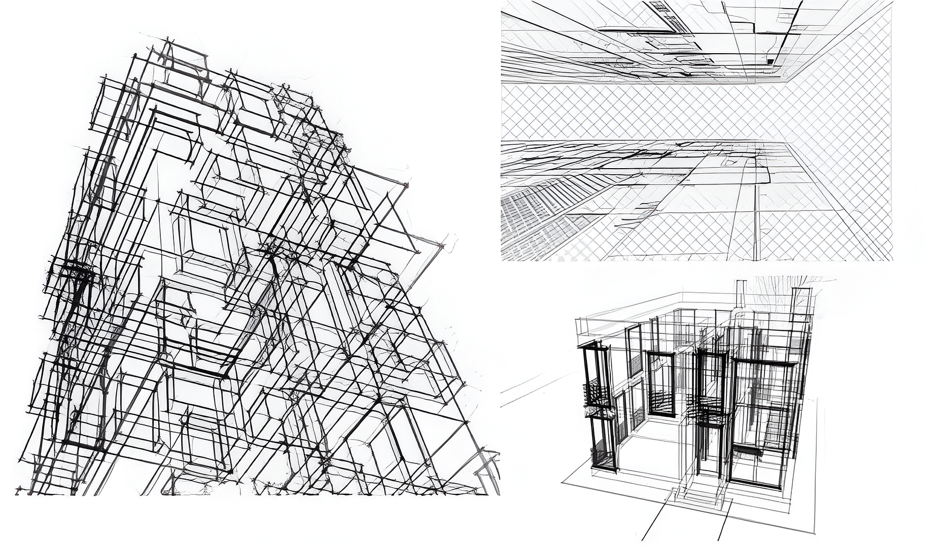 Technical structural wireframe drawings of a building design