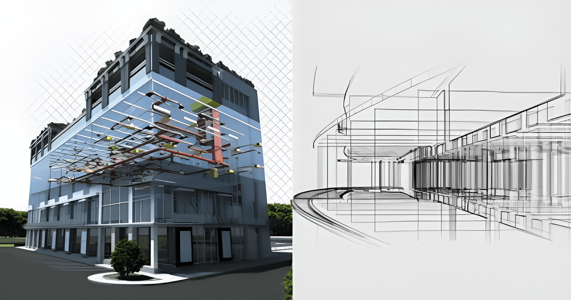 Architectural technical drawing of a building’s interior and elevation view