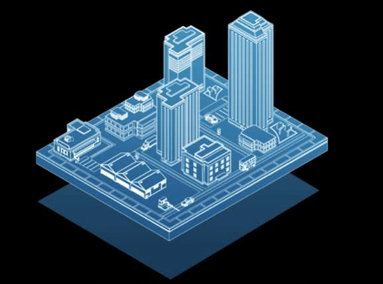 Blueprint-style illustration of a smart city layout