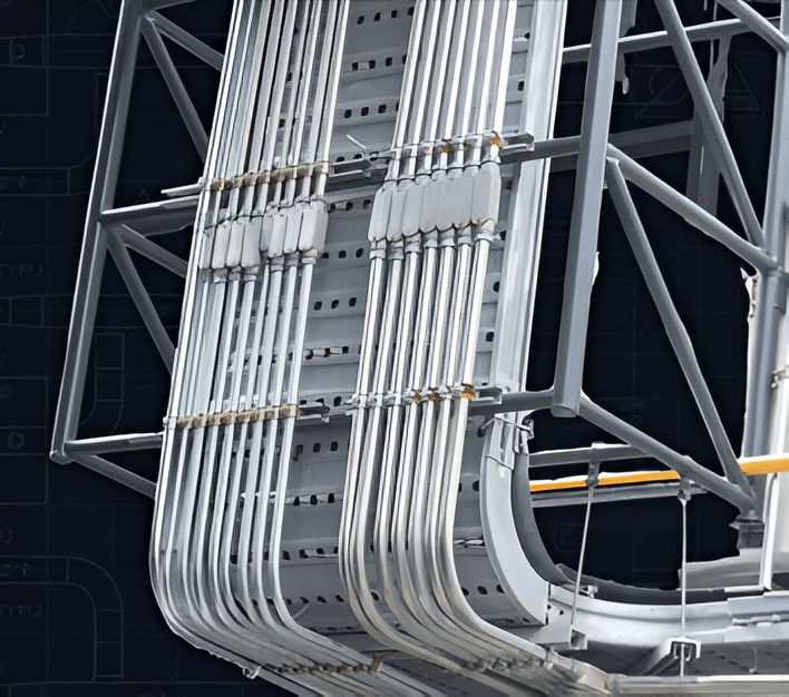 Industrial electrical cable tray installation with organised wiring