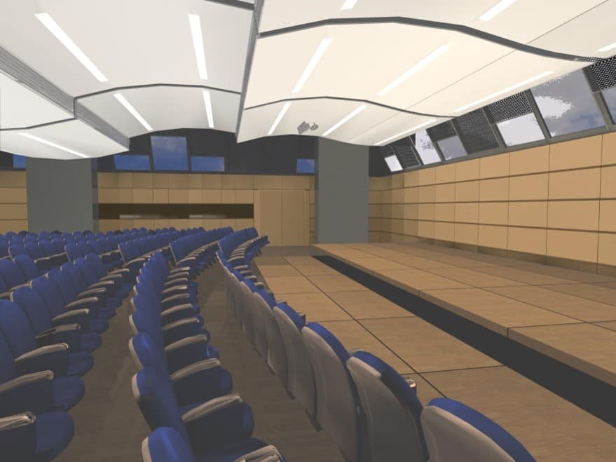 Auditorium ceiling with suspended acoustic panels and sound diffusers